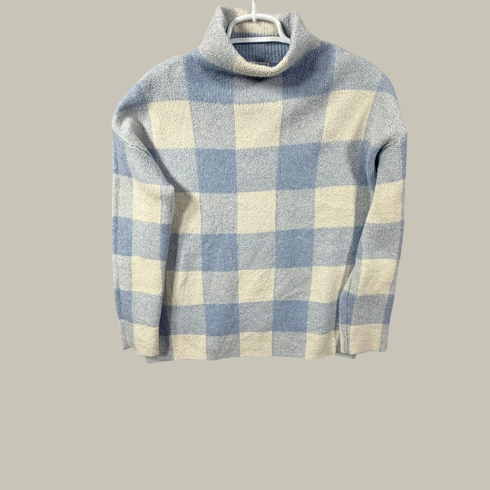 Christian Siriano Womens L Plaid Turtleneck Sweater Blue Cream Check Knit